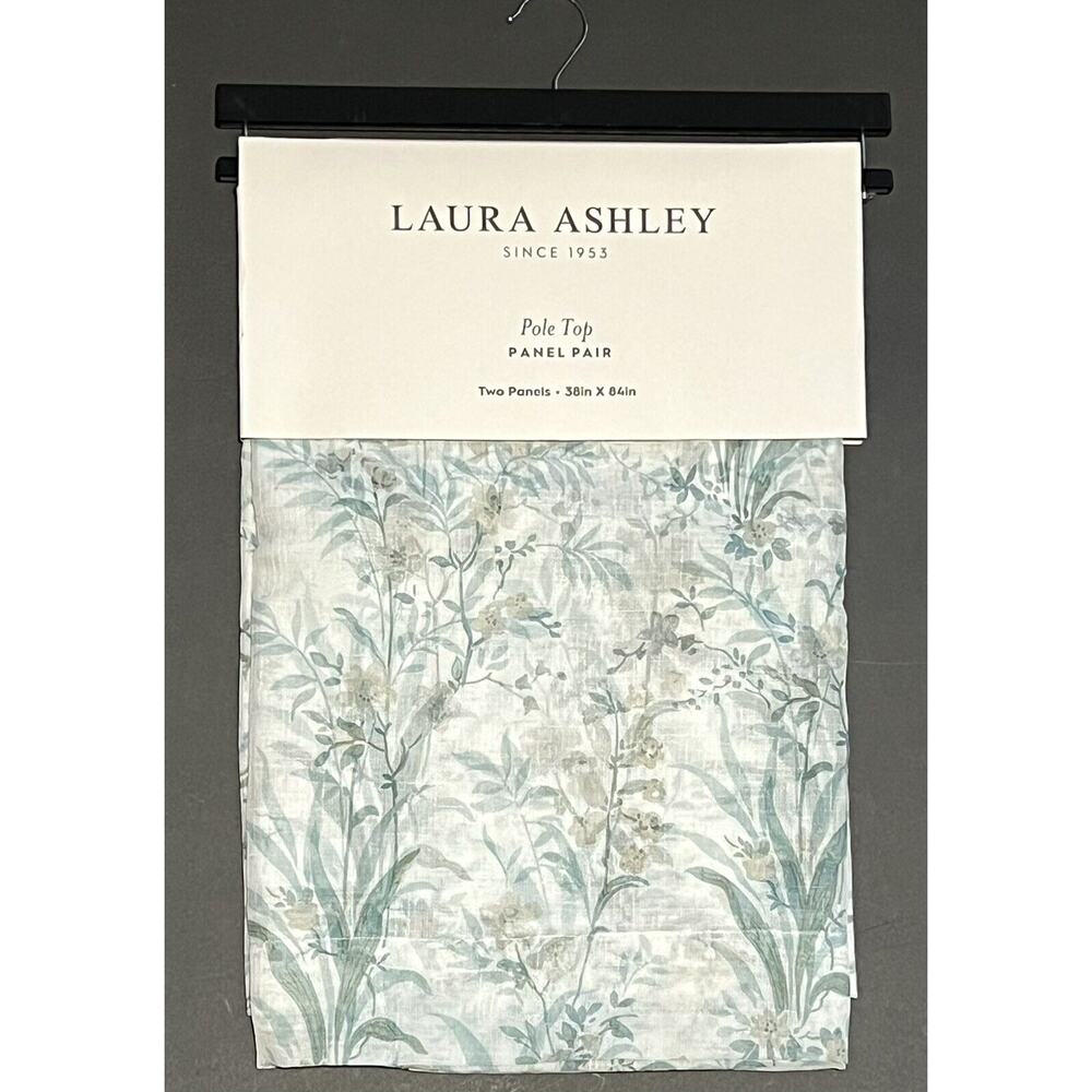 Laura Ashley Sheer Floral Window Curtain Panels 38x84” TEAL Gray Wht Posy Leaves